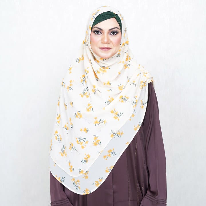INSTANT HIJAB | MUSTARD FLOWER ON WHITE - CHIFFON