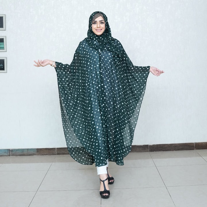 PLEATED SHRUG WITH HIJAB | GREEN WITH WHITE POLKA