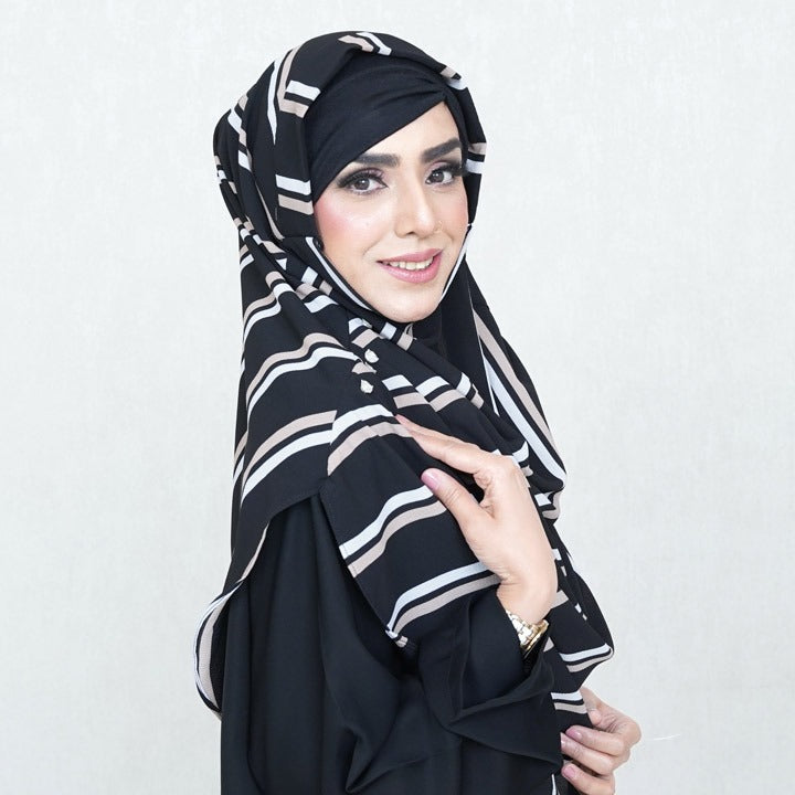 COWLNECK PINLESS | WHITE & MINK STRIPES ON BLACK - TURKISH GEORGETTE