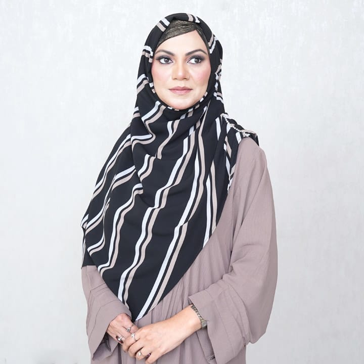 INSTANT HIJAB | WHITE & MINK STRIPES ON BLACK - TURKISH GEORGETTE