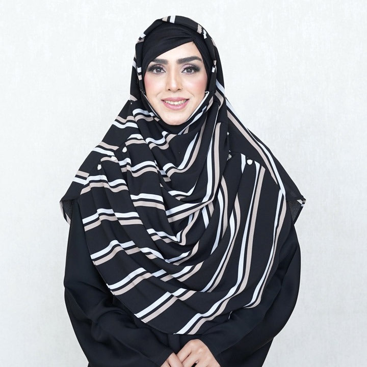 COWLNECK PINLESS | WHITE & MINK STRIPES ON BLACK - TURKISH GEORGETTE