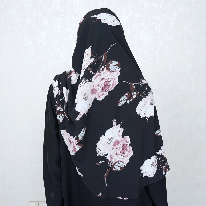 INSTANT HIJAB | MINK FLORAL ON BLACK - TURKISH GEORGETTE