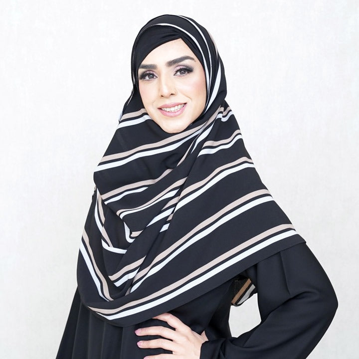 HCS | WHITE & MINK STRIPES ON BLACK - TURKISH GEORGETTE