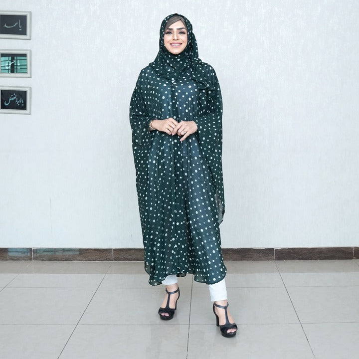 PLEATED SHRUG WITH HIJAB | GREEN WITH WHITE POLKA